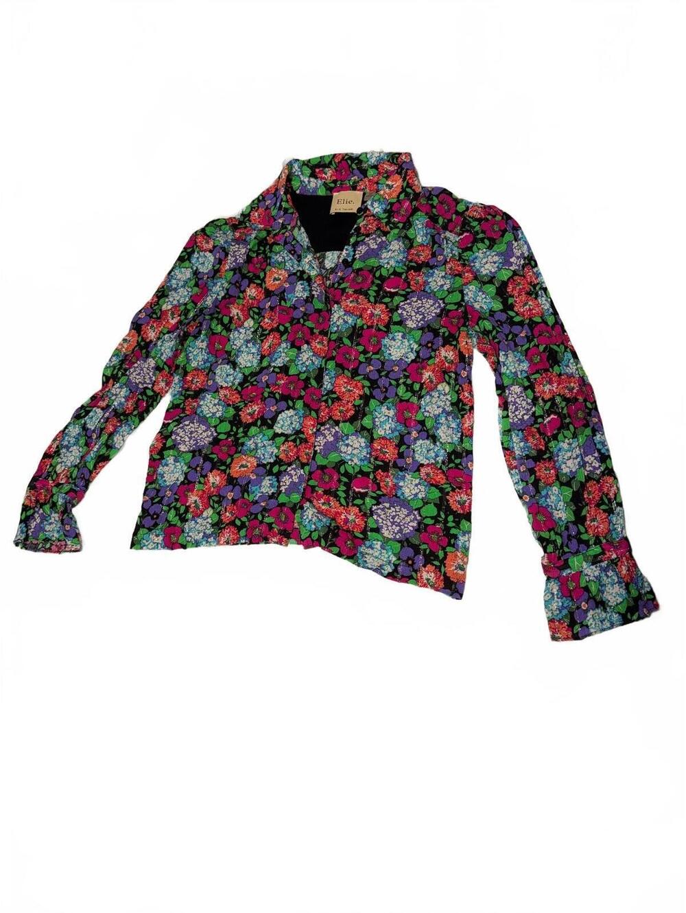 Elie Tahari Women's Small Floral Rayon Blouse with Metallic Fiber, Long Sleeve,